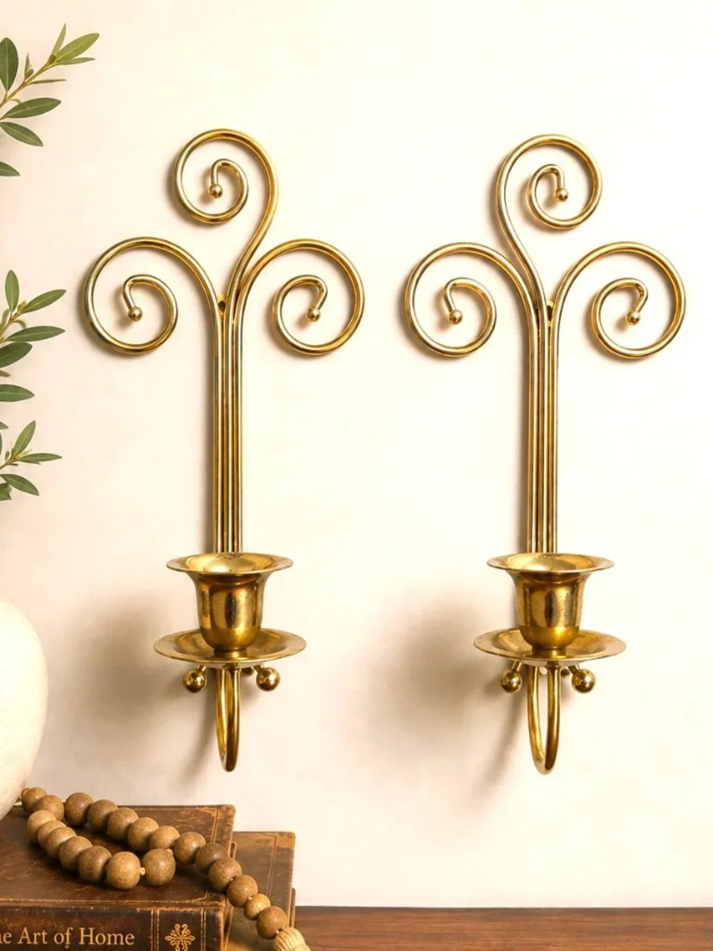Vintage Home Interiors Homco Gold Metal Scroll Wall Sconce Candle Holders Pair
